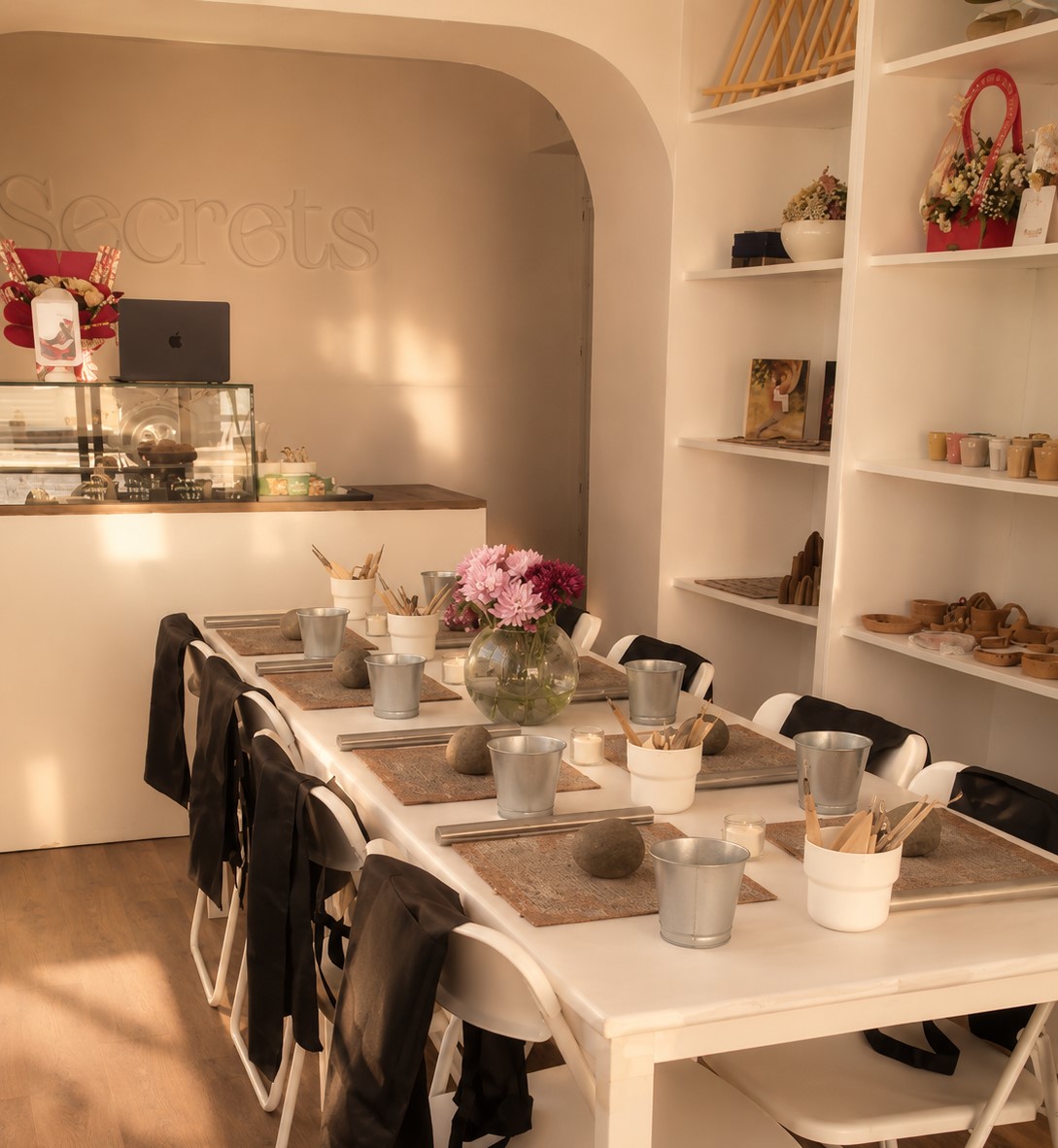 Cozy art café interior with warm lighting and creative atmosphere